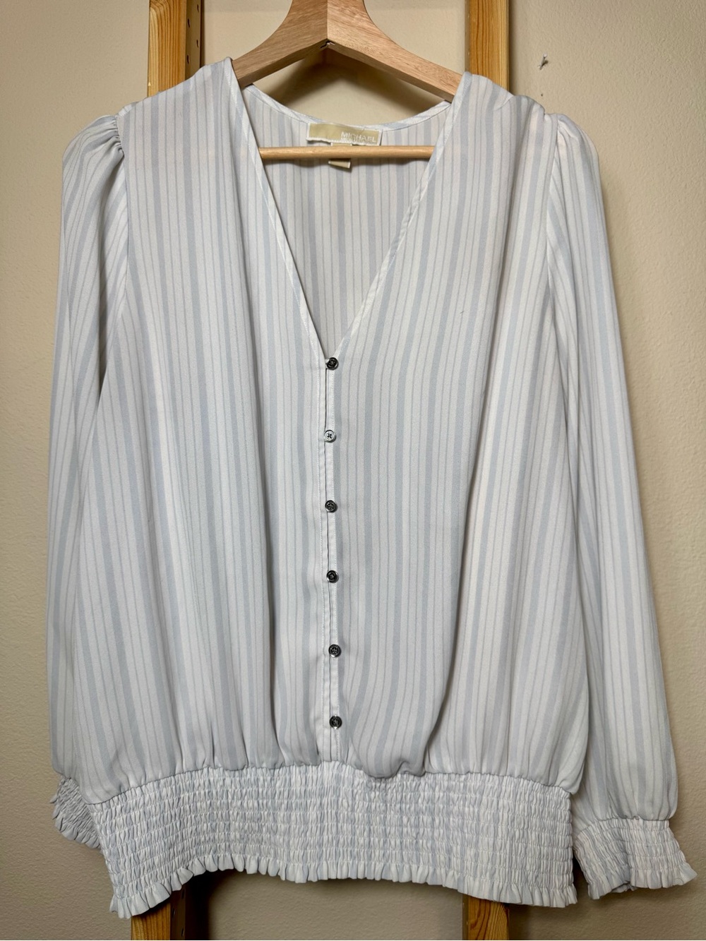 MICHAEL Michael Kors Striped Smocked Waist V-Neck Blouse XL